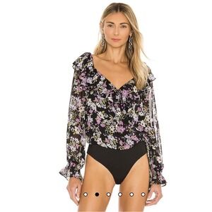 ASTR‎ the Label Womens Persephone Black Floral V-Neck Bodysuit Top SZ M